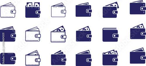 Collection of various wallet icons in different colors and styles, including black, white, and gray, with some containing money
