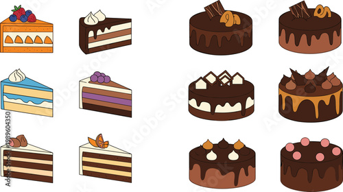 Cake Slice and Chocolate Cake Set with Various Flavors and Toppings Representing Bakery Desserts, Sweet Treats, and Celebration Food in Vector Illustration