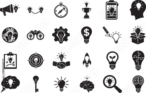 Line icon set for idea, inspiration, and business concepts with editable stroke width design.