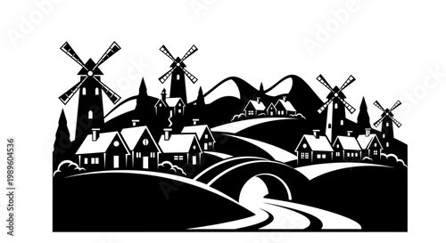 A black and white landscape featuring windmills houses and rolling hills