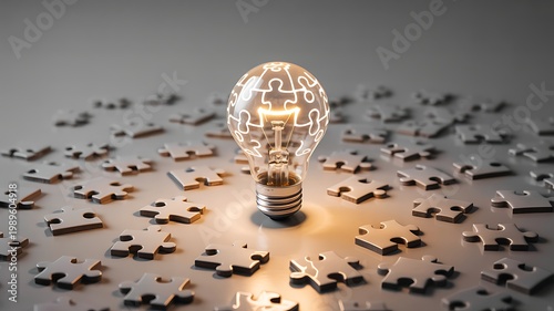 A glowing light bulb filled with puzzle pieces on a grey surface, symbolizing a brilliant idea or solution.
