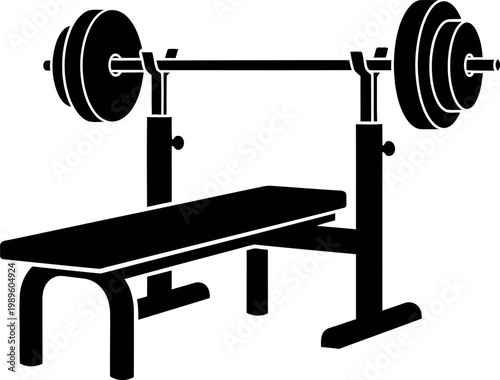 Black silhouette of a weight bench with a loaded barbell weights fitness gym equipment