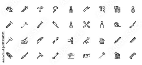 Tools icon set. Vector tool collection featuring grids, adjustable spanner, handsaw, pliers, hammer, screwdriver, measuring tape, toolbox and more. Editable stroke.