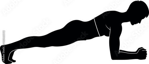 Black silhouette of a woman performing a forearm plank exercise on a white background fitness