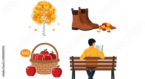 Flat design vector illustration of autumn harvest basket and reading person enjoying fall season lifestyle on a wooden bench