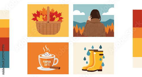 Flat design vector illustration of autumn harvest season lifestyle featuring pumpkins and warm fall foliage in a cozy outdoor setting