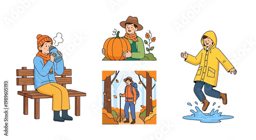 Flat design vector illustration of autumn season lifestyle characters enjoying warm drinks and outdoor activities in colorful fall environment