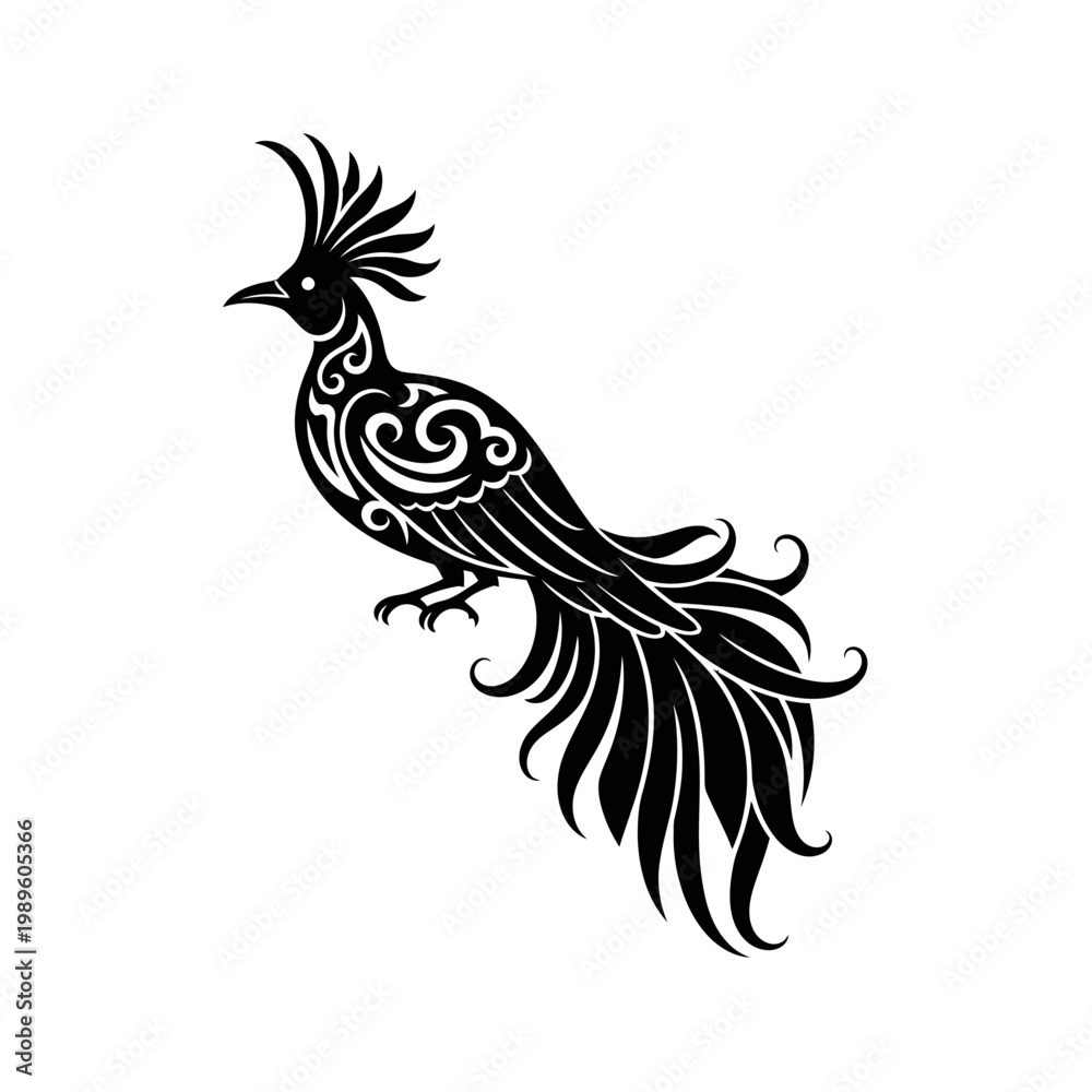 Fototapeta premium Stylized Bird Illustration with Ornamental Details in Black and White.