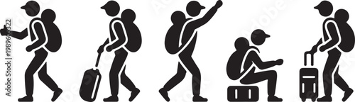 Backpackers hitchhiking icon set, flat black travel walking, rest, stand and more vector icons