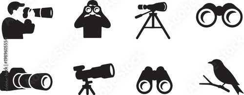 Bird watching wildlife photography and tools icon set, flat black vector icons