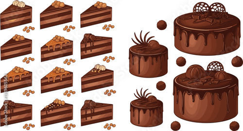 Chocolate Cake Set with Layered Slices and Whole Cakes with Drip Glaze Representing Bakery Desserts, Gourmet Pastry, and Sweet Treat Collection in Vector Illustration