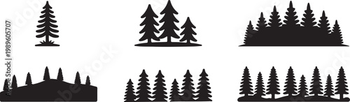 Schilderij op canvas Boreal forest pine treelines icon set, flat black vector icons
