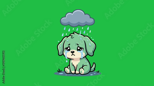 Cute Cartoon Puppy with Sad Eyes and Rain Cloud Overhead.
