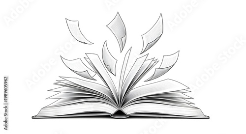 Exploding book pages bursting forth in a dynamic illustration