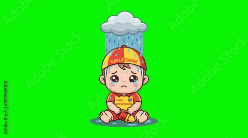 Sad Baby Cartoon Character Sitting Under the Rain with a Cloud.
