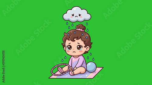 Sad Baby Girl Sitting Under a Crying Cloud Cartoon Illustration.
