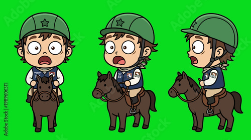 Cartoon Jockey Riding a Horse in Different Poses on Green Background.