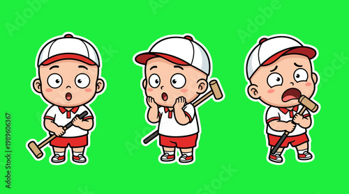 Cartoon Polo Players Expressing Surprise and Shock on Green Background.