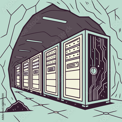 Server racks in secure cave data center with data protection server room mining farm remote location underground technology security computing hardware information illustration processing