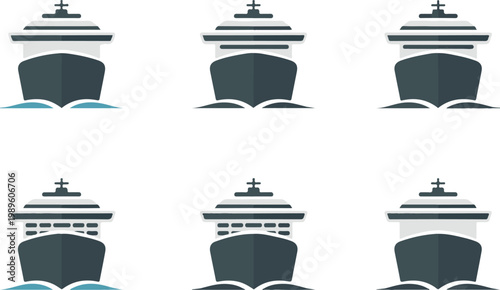 Cruise ship stems icon set, flat black travel cargo ships vector icon