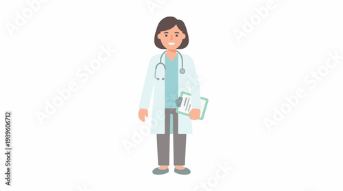 Professional female doctor in white lab coat with stethoscope holding a medical chart, representing healthcare and medical services