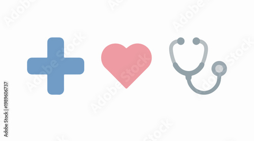 Essential medical care concept with symbols of health, compassion, and diagnosis a cross, a heart, and a stethoscope icon set