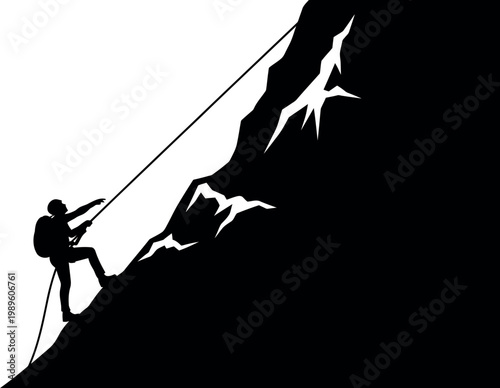 Silhouette of a person rappelling down a steep black mountain face with a rope climbing