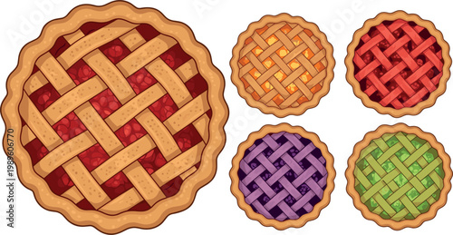Colorful Homemade Lattice Fruit Pie Collection in Various Flavors Top View Illustrated Vector Set on White Background