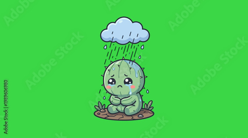 Cute Cartoon Character Feeling Sad Under a Rainy Cloud.