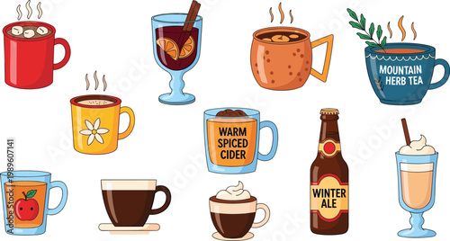 Cozy Winter Hot Beverage Icon Set Featuring Mulled Wine Spiced Cider Mountain Herb Tea Winter Ale and Hot Chocolate Vectors for Seasonal Cafe Menus and Holiday Designs