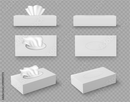 Wet wipes in packages. Vector realistic style isolated set of mockup boxes and packets with tissues or handkerchiefs, cosmetics or baby towels. Disposable production for hygiene and self care
