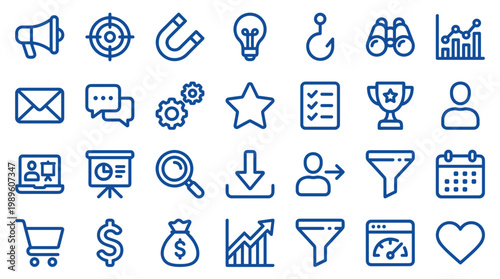 Collection of business strategy icons representing marketing sales analytics and customer engagement concepts for digital presentations and web design