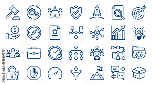 Business strategy icons set for project management workflow planning and startup growth analysis