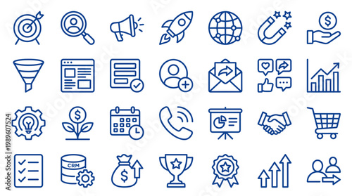 Business growth and marketing strategy icons set for digital advertising and company development concepts