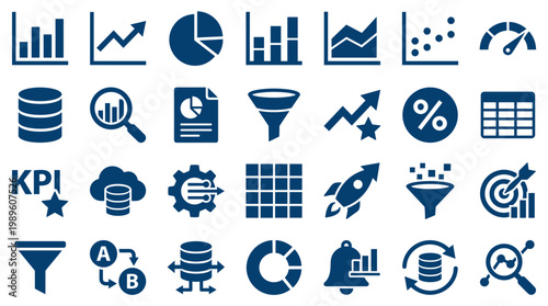 Collection of business and finance icons representing data analysis growth strategy and performance metrics