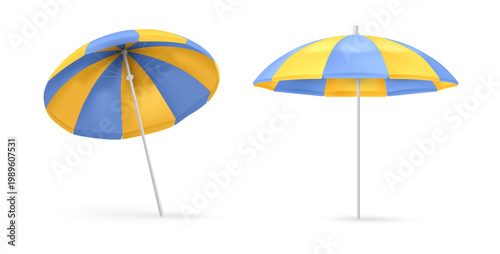 Beach umbrella with colorful stripes. Vector realistic style, isolated set of stripped parasols protecting skin from sun. Sunny weather protection, symbol of summer seaside vacation, pool or garden