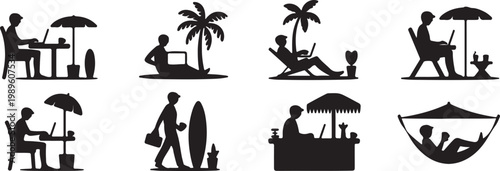 Digital nomad at beach cafe icon set, working with laptop silhouette, flat black vector design