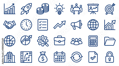 Collection of modern flat icons representing business concepts growth strategy finance and success on white background