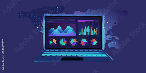 A brightly colored laptop displays complex data visualizations on a dark background