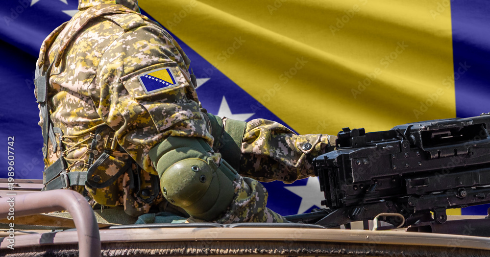 Fototapeta premium Bosnia and Herzegovina flag with soldier at machinegun turret