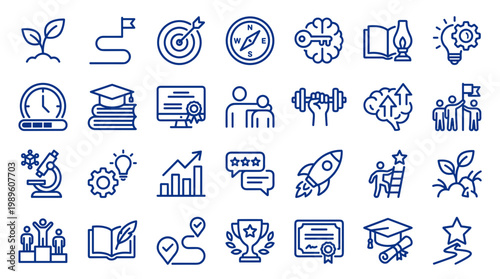 Business growth and success concept with icons representing strategy planning achievement and career development