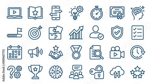 Collection of business and success concept icons representing growth strategy learning teamwork and achievement in a modern flat design style