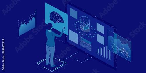 Woman interacting with holographic data displays representing artificial intelligence