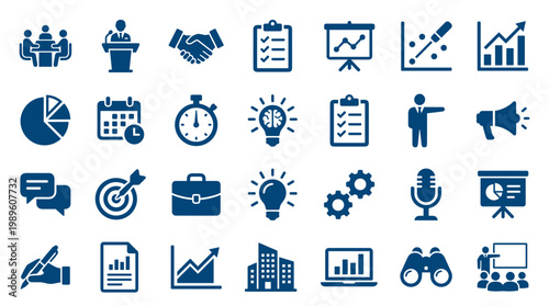 Business and Finance Icons Set for Presentations and Infographics Showing Strategy Planning Meetings and Growth Concepts