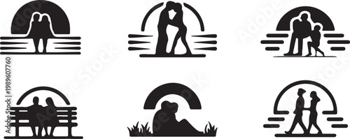 Family, couple, lover travel icon set, flat black vector icon
