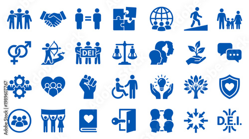 Collection of blue icons representing diversity inclusion equity and social justice concepts for business and community development