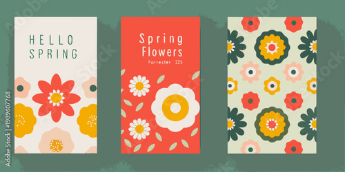 Three spring themed rectangular cards with floral illustrations and text