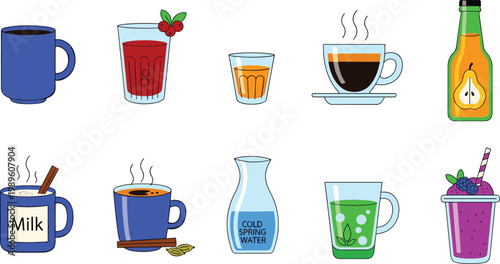 Daily Classic Beverage Vector Icon Set Featuring Hot Coffee Mugs, Warm Milk with Cinnamon, Fresh Pear Juice, Spring Water, and Healthy Fruit Smoothies for Cafe Menus