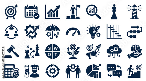 Collection of business strategy icons representing planning, growth, teamwork, analysis, and success in a professional setting