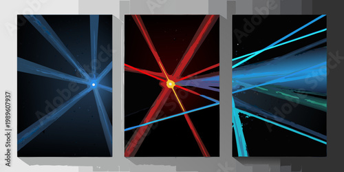 Abstract triptych featuring vibrant dynamic lines and striking color contrasts